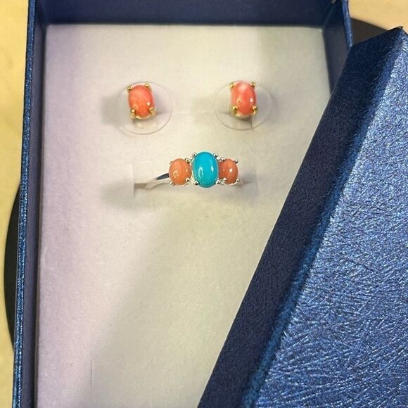Peach Opal And Sleeping Beauty Turquoise Ring 7 And Earring Set - Picture 6 of 16